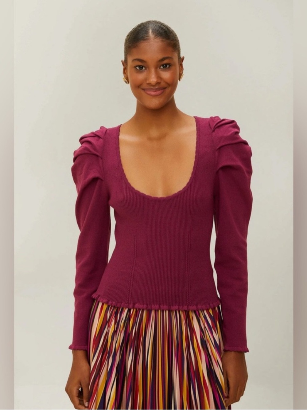 FARM RIO Burgundy Knit Corset Top fuchsia pink purple puff sleeve scoop neck